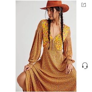 Free People Love Story Maxi Golden Sleeve Floral Dress Yellow